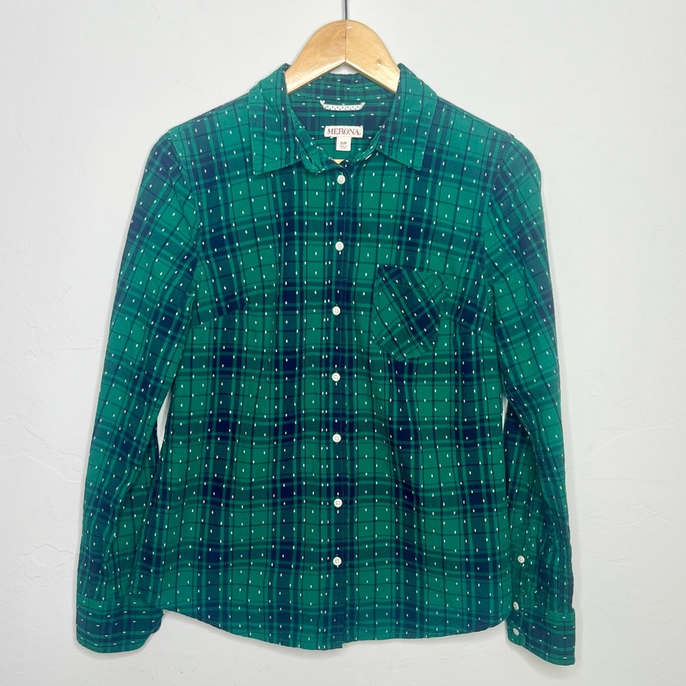 Green and Navy Plaid Shirt. Button Down Cotton Shirt with White Dots Cabincore
